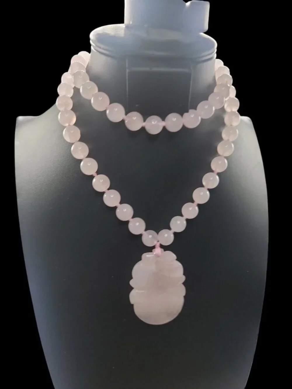 Chinese Rose Quartz Hand Knotted Mala Lotus Design Necklace 28